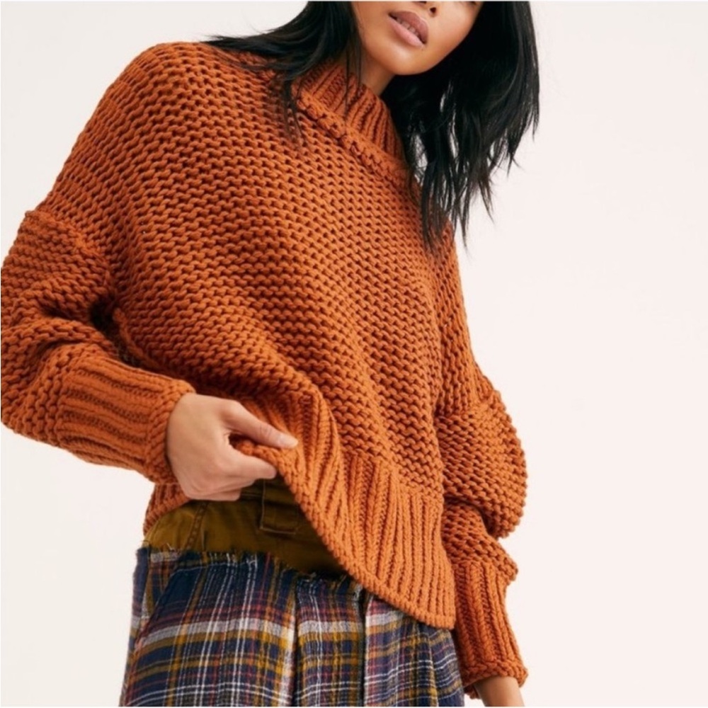 Free People My Only Sunshine Chunky Turtleneck Cropped Sweater Burnt Orange XS - Picture 2 of 13